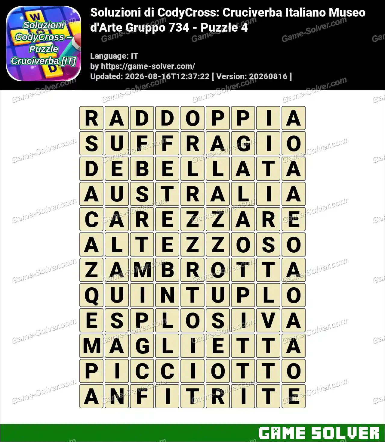 Soluzioni di CodyCross: Cruciverba Italiano Museo d’Arte Gruppo 734 – Puzzle 4